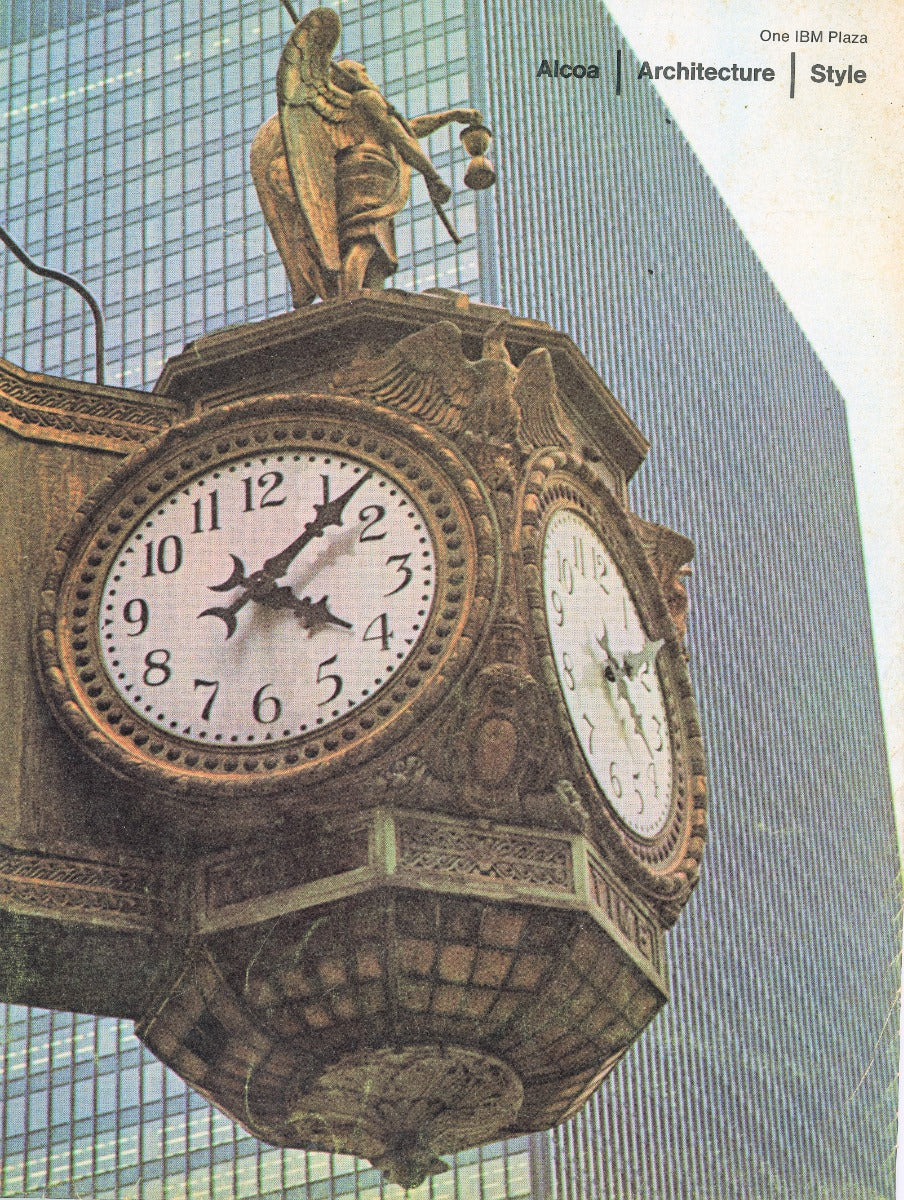 original fold-out brochure of mies van der rohe's one ibm plaza building with aluminum fabricated by alcoa