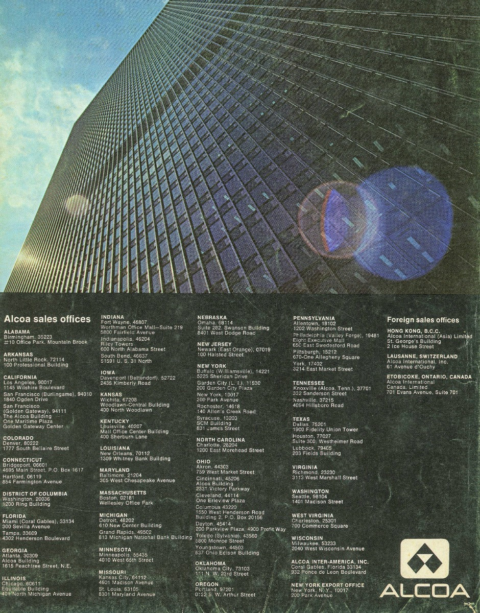 original fold-out brochure of mies van der rohe's one ibm plaza building with aluminum fabricated by alcoa