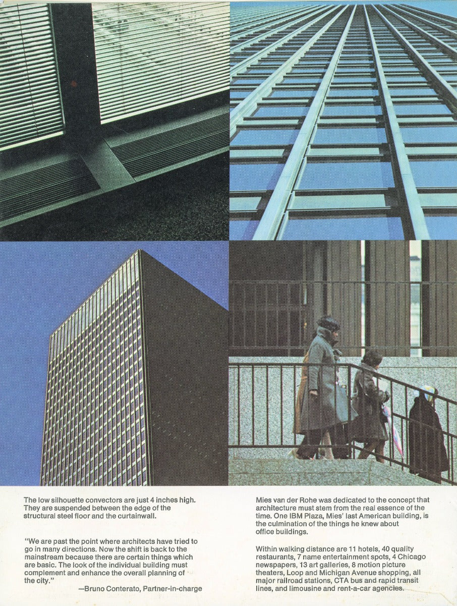 original fold-out brochure of mies van der rohe's one ibm plaza building with aluminum fabricated by alcoa