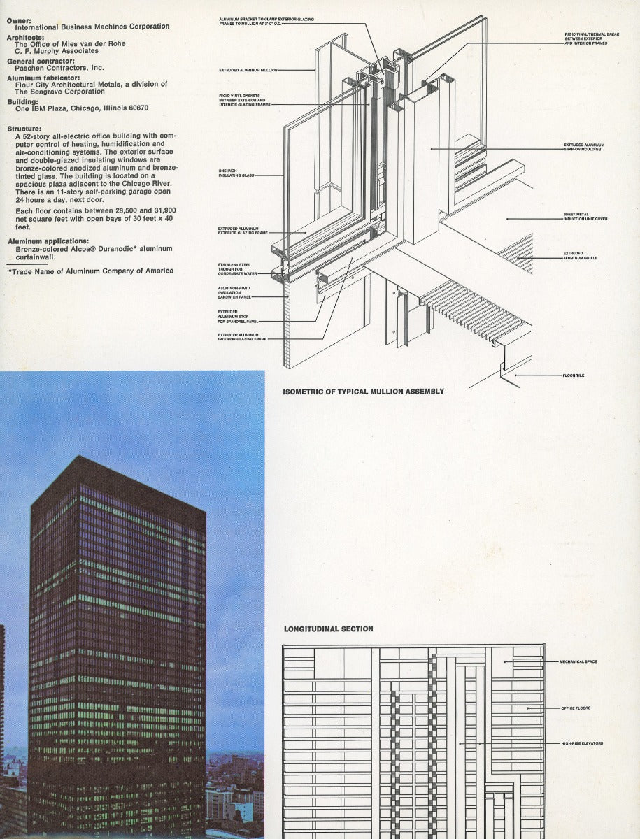 original fold-out brochure of mies van der rohe's one ibm plaza building with aluminum fabricated by alcoa