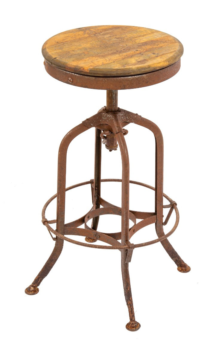 original fully functional 1930s "uhl art steel" fully adjustable four-legged toledo stool with heel ring