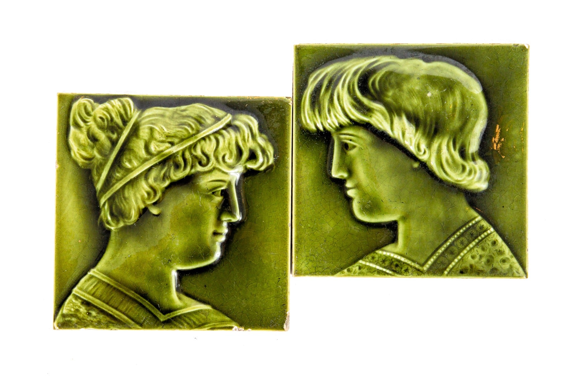 late 19th century american victorian era interior residential richly colored olive green majolica glazed fireplace portrait tile set with allover surface crazing