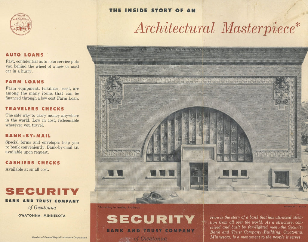 scarce 1950s original tri-fold informational brochure for louis h. sullivan's owatonna bank