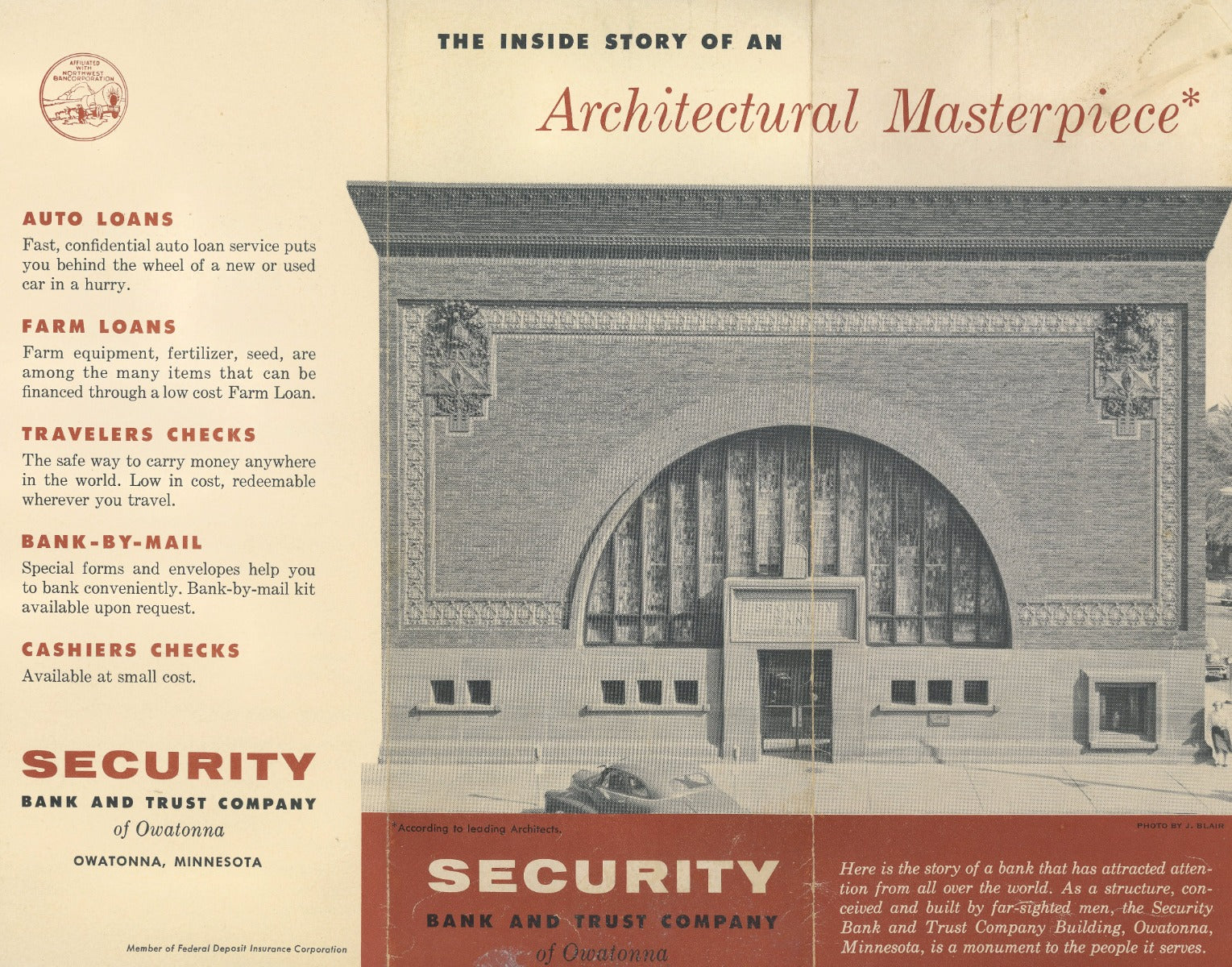 scarce 1950s original tri-fold informational brochure for louis h. sullivan's owatonna bank