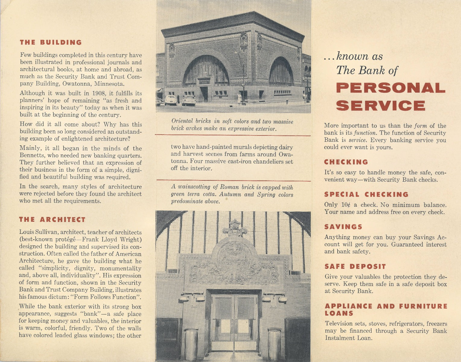 scarce 1950s original tri-fold informational brochure for louis h. sullivan's owatonna bank