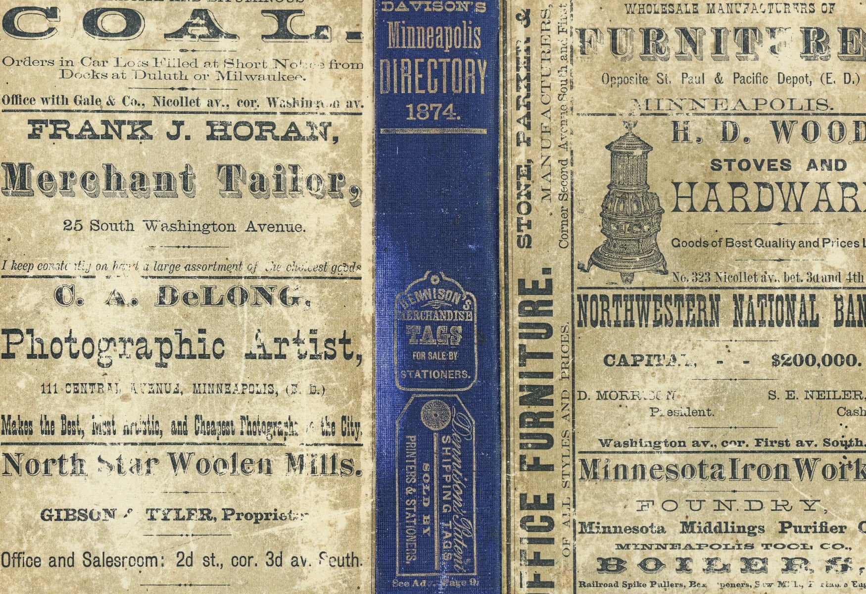 campbell and davison's 1874 all original minneapolis directory with fold-out map