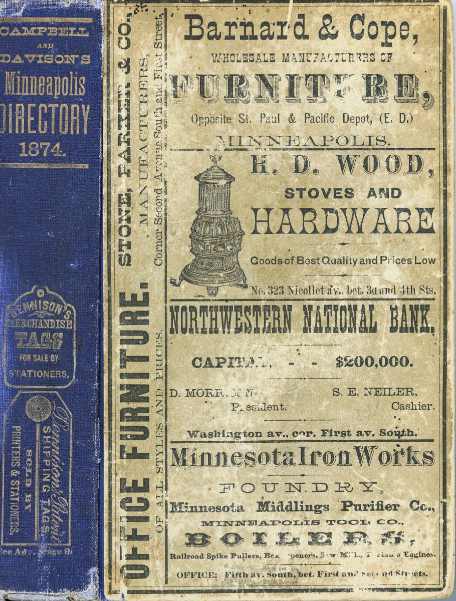 campbell and davison's 1874 all original minneapolis directory with fold-out map