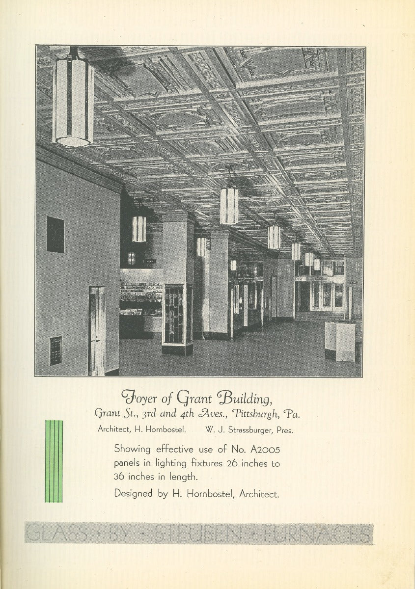 depression-era catalog featuring interior sculptured architectural building glass ornament by steuben