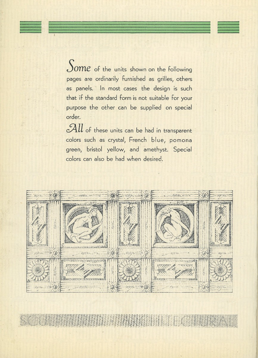 depression-era catalog featuring interior sculptured architectural building glass ornament by steuben