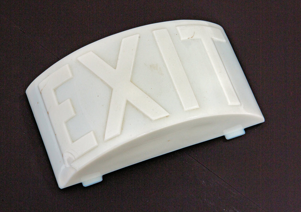original 1920s hard to find pressed glass semicircular-shaped exit light shade with bold embossed lettering
