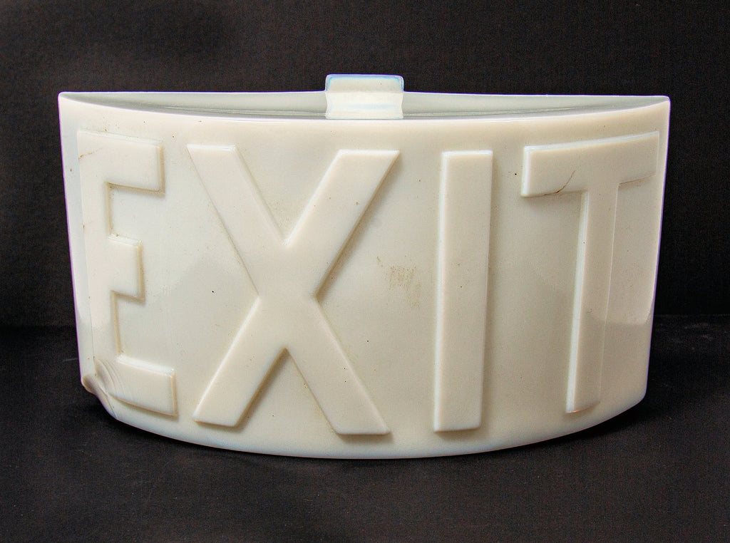 original 1920s hard to find pressed glass semicircular-shaped exit light shade with bold embossed lettering