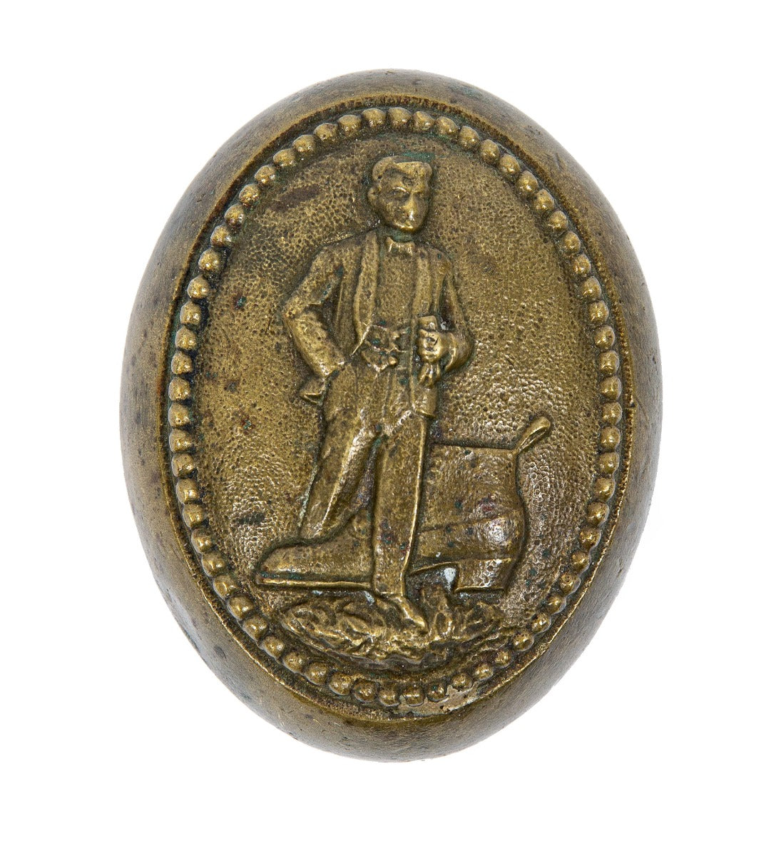 rare and unusual early 20th century custom-designed walk-over george e. keith company bronze doorknob with full-figured man and boot