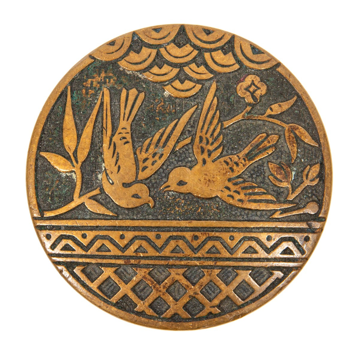 one of two original early 1880s highly desirable anglo-japanese style cast bronze "blue bird" doorknobs with beaded border