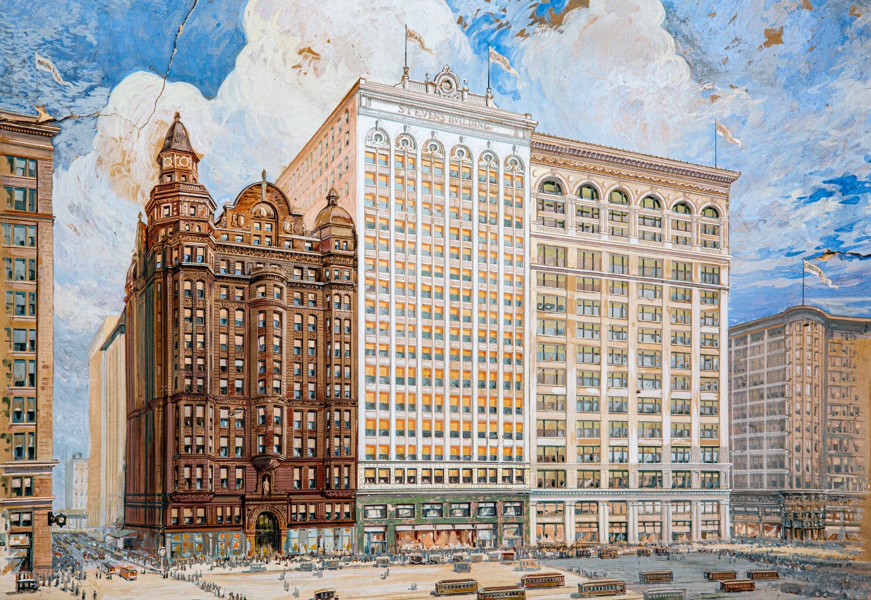 original richly colored washdrawing by louis f. braunhold of the columbus memorial building (1893, william w. boyington's last commission)