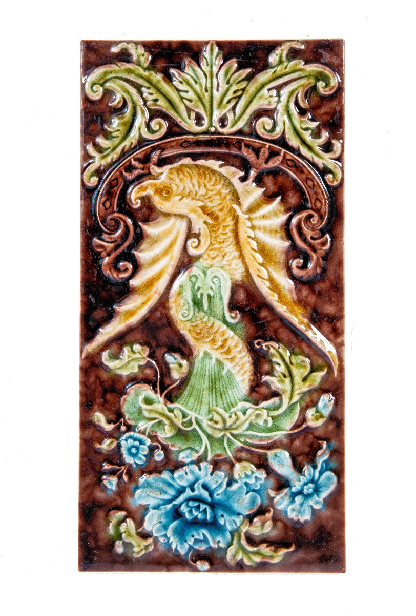 rare 19th century polychromed majolica glazed oversized figural tile with richly colored finish