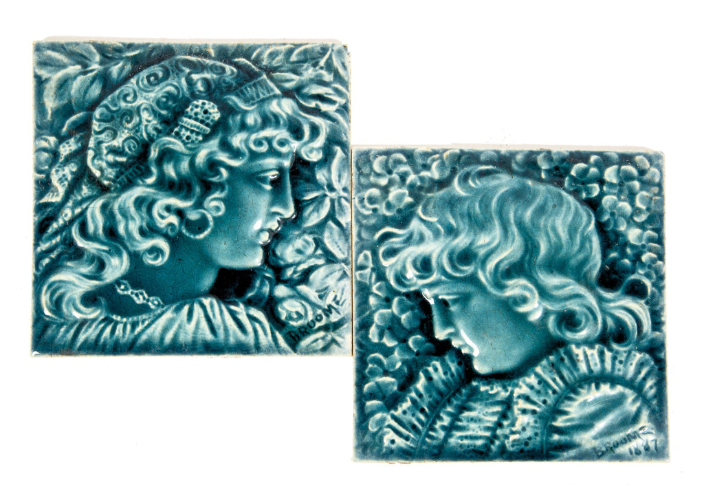 pair of dated and signed 19th century isaac broome-designed providential tile works figural majolica glazed fireplace tiles