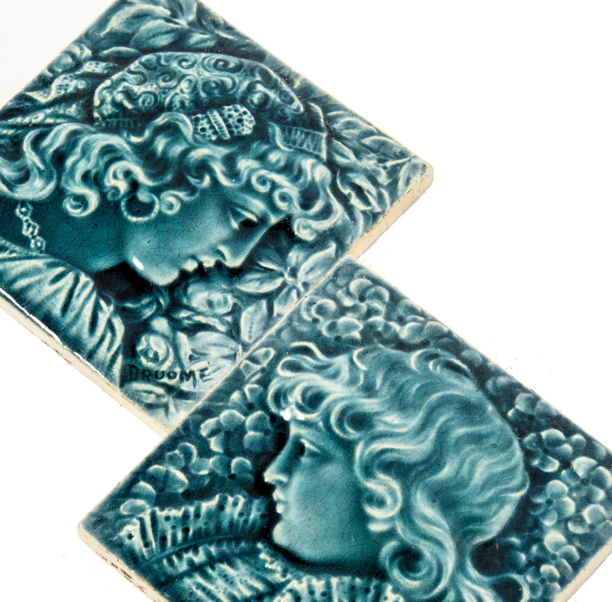 pair of dated and signed 19th century isaac broome-designed providential tile works figural majolica glazed fireplace tiles