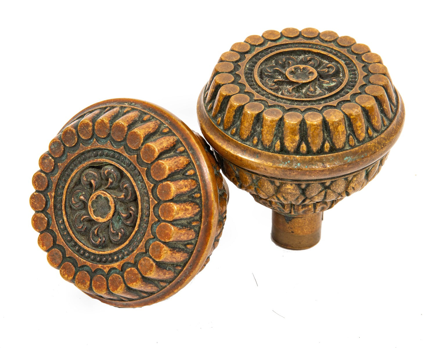 matching set of original oversized ornamental cast bronze "corinthian" pattern doorknobs with nicely aged patina