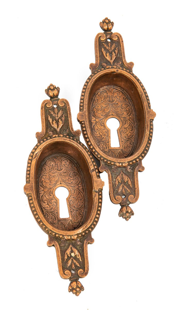 matching set of unusual 1860s-1870s copper and zinc ornamental residential pocket door backplates