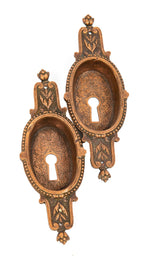 matching set of unusual 1860s-1870s copper and zinc ornamental residential pocket door backplates
