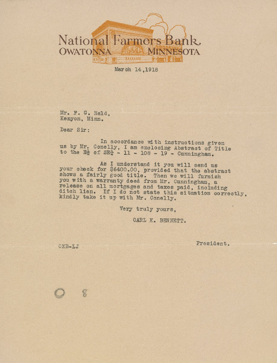 dated and signed original carl k. bennett letter typed on national farmers bank stationary with bank building header