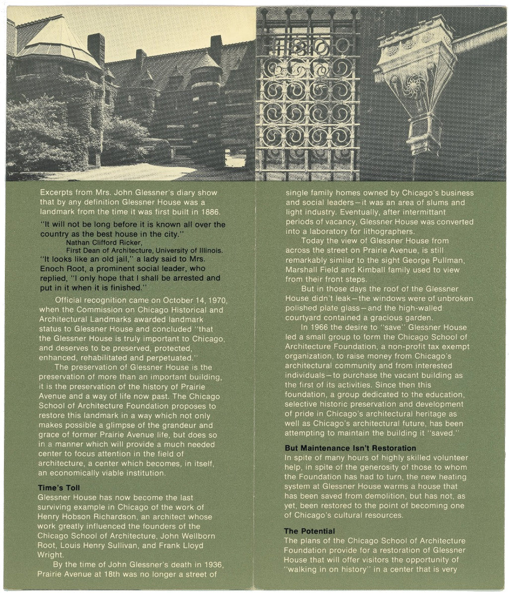 original 1970s chicago school of architecture foundation glessner house trifold informational pamphlet