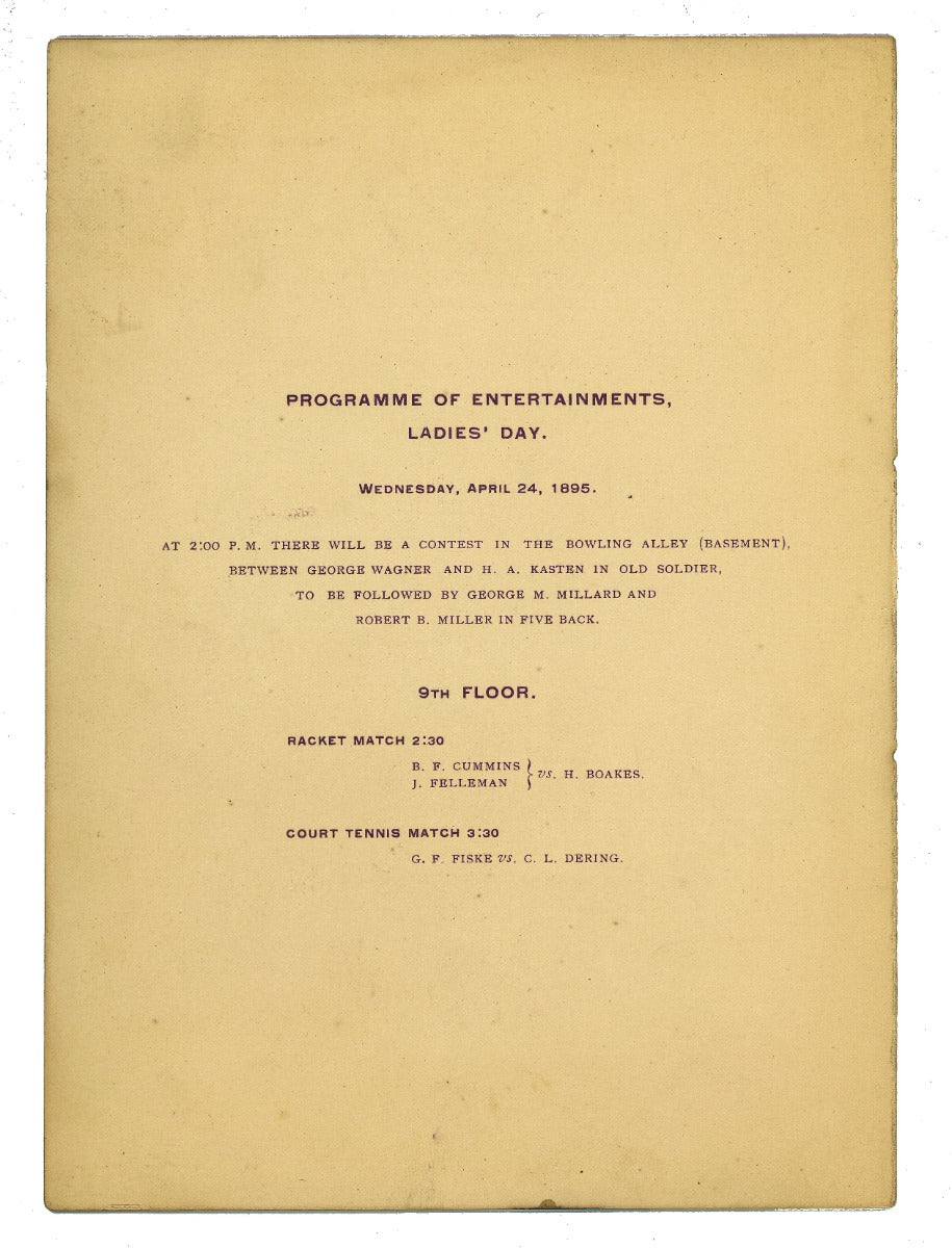 original heavy card stock "ladies day" program made for chicago athletic association building, dated april, 24, 1895.