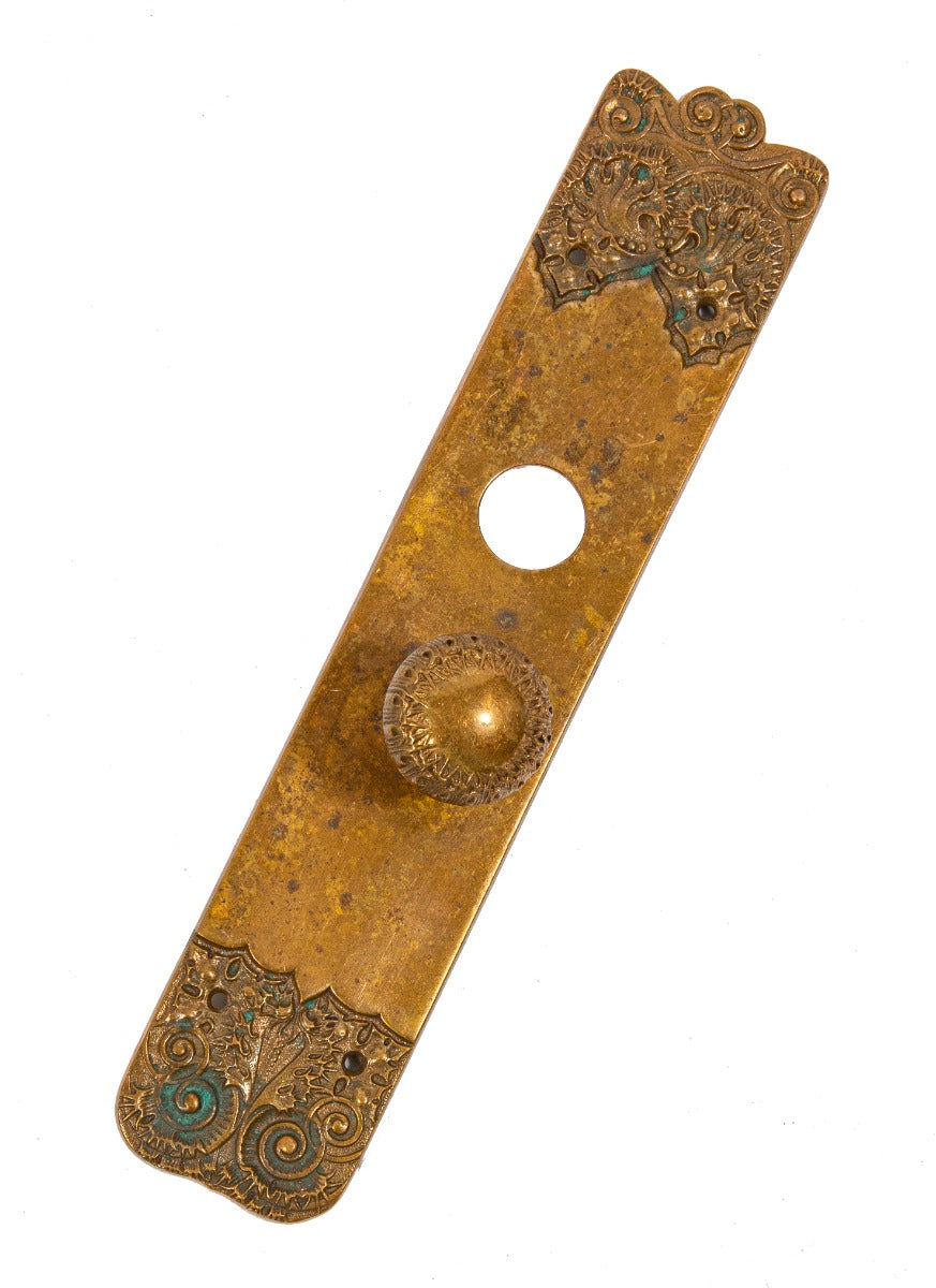 oversized heavy cast bronze sullivanesque style "thistle" pattern entrance door backplate and matching doorknob