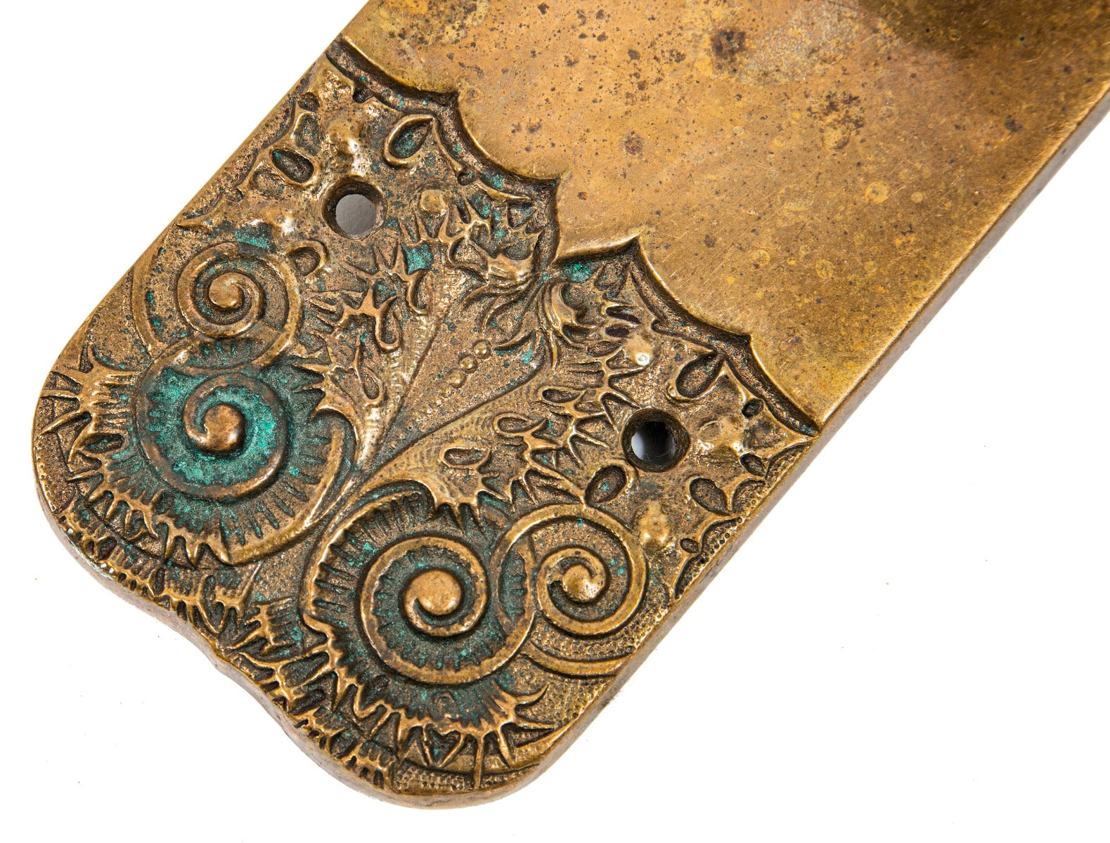 oversized heavy cast bronze sullivanesque style "thistle" pattern entrance door backplate and matching doorknob