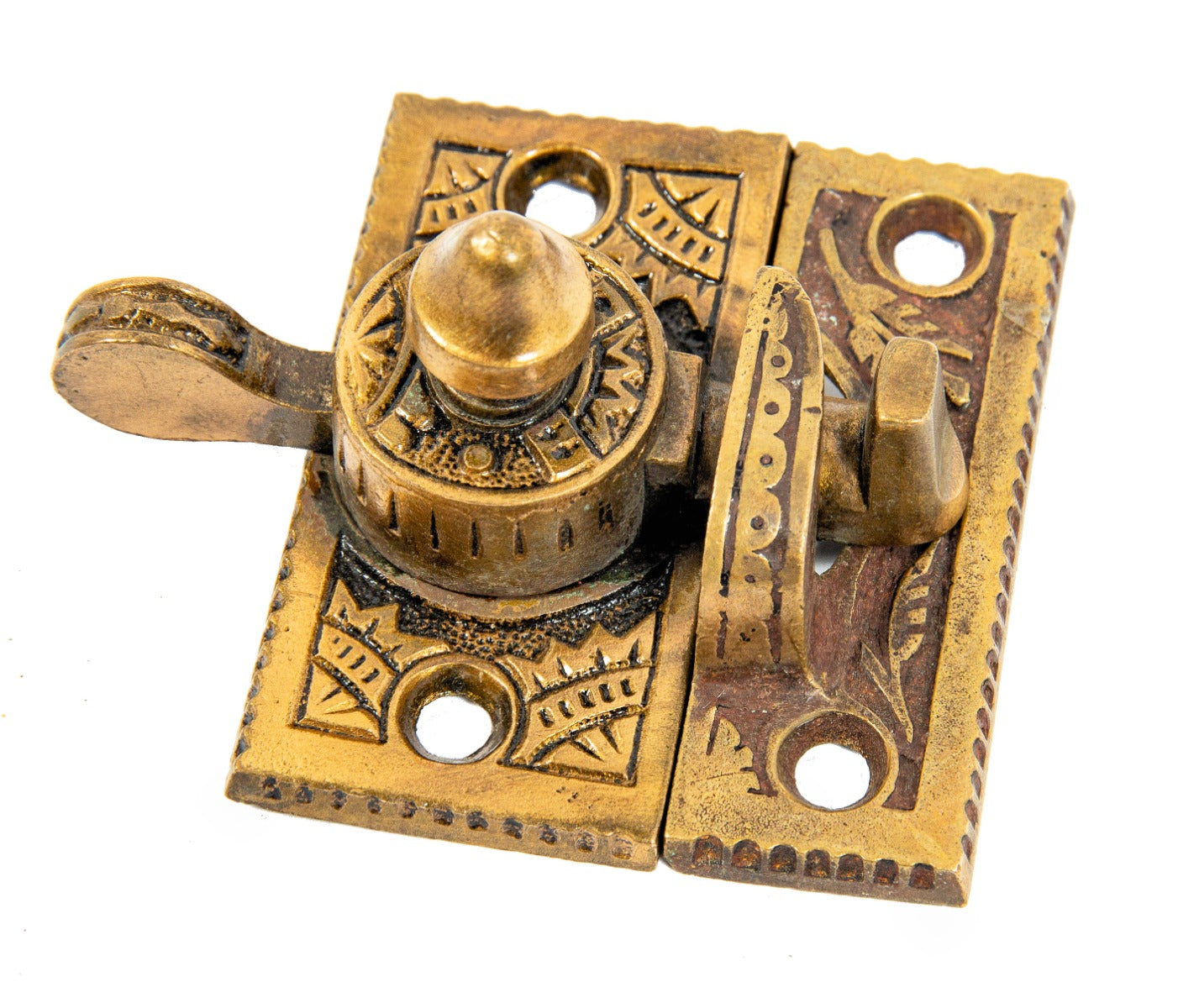 1880s original eastlake style antique american ornamental cast bronze "oriental" pattern window sash lock with keeper