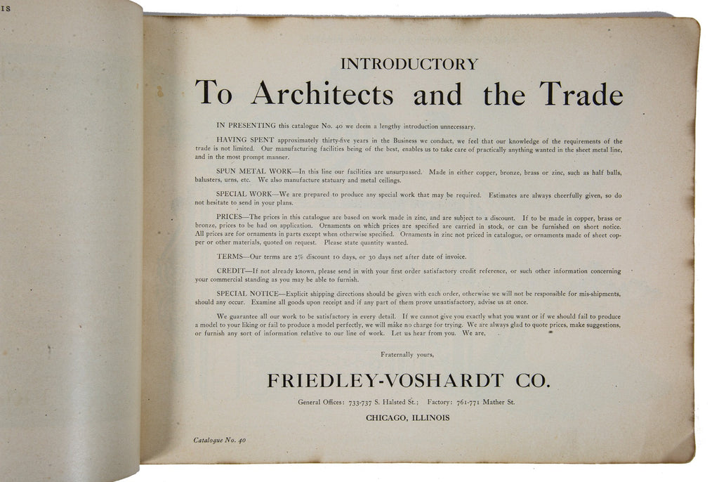 rare early 20th century original and intact profusely illustrated chicago-based friedley-voshardt ornamental metal catalog
