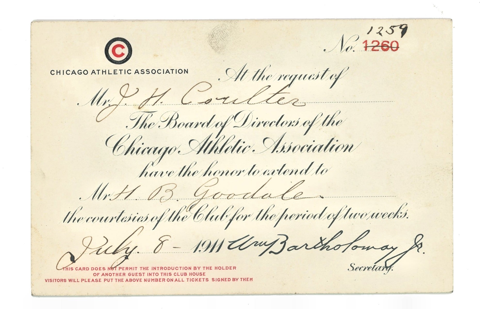 original hand-written 1911 chicago athletic association courtesy guest card