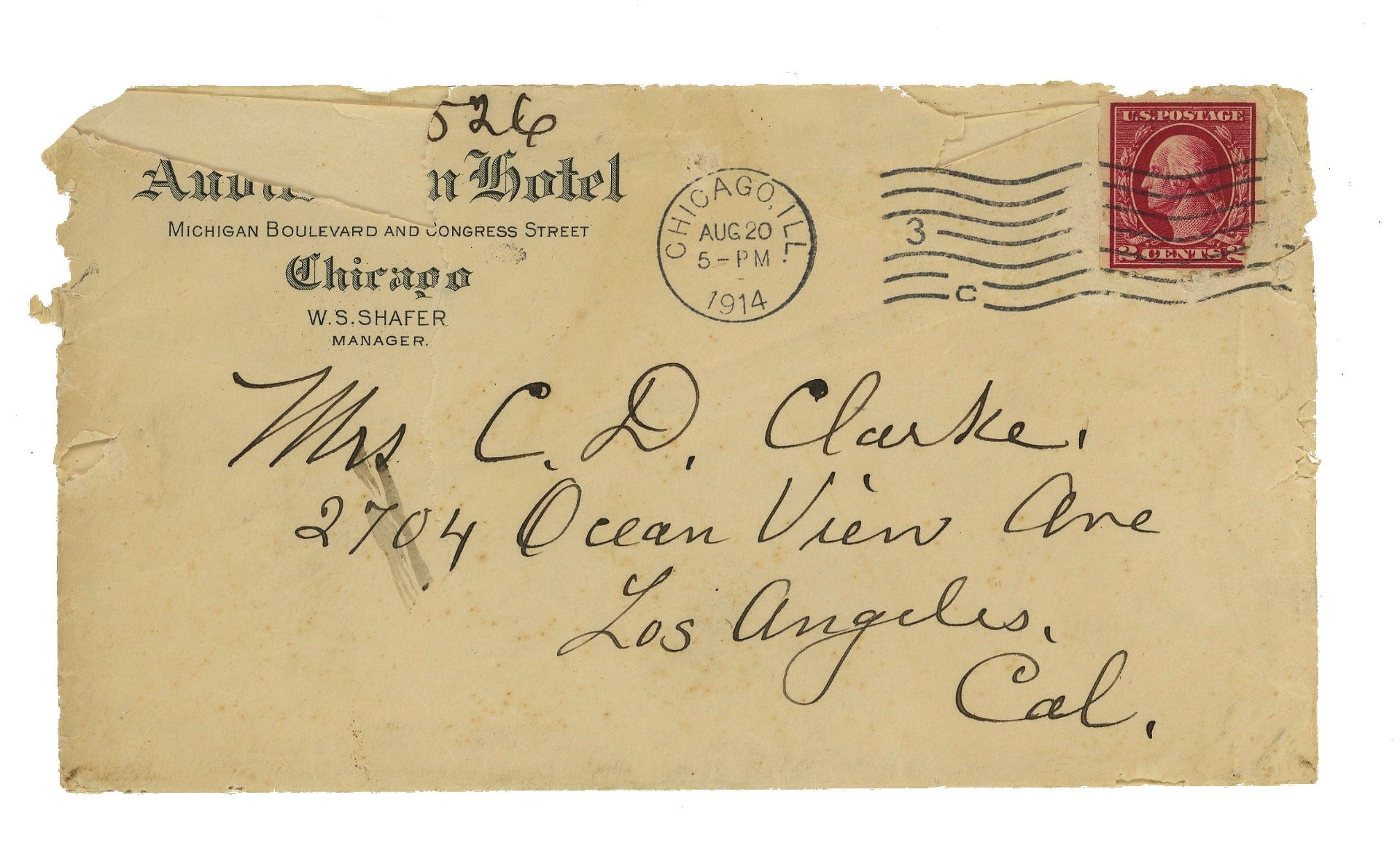 original 1914 hand-written letter and envelope from adler and sullivan's 1889 auditorium building hotel