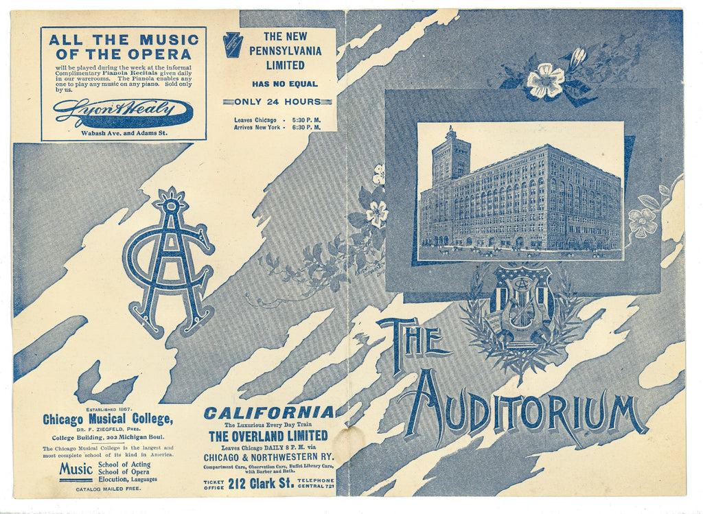 original adler and sullivan auditorium theater 1903 playbill or program featuring richard wagner's die walkure