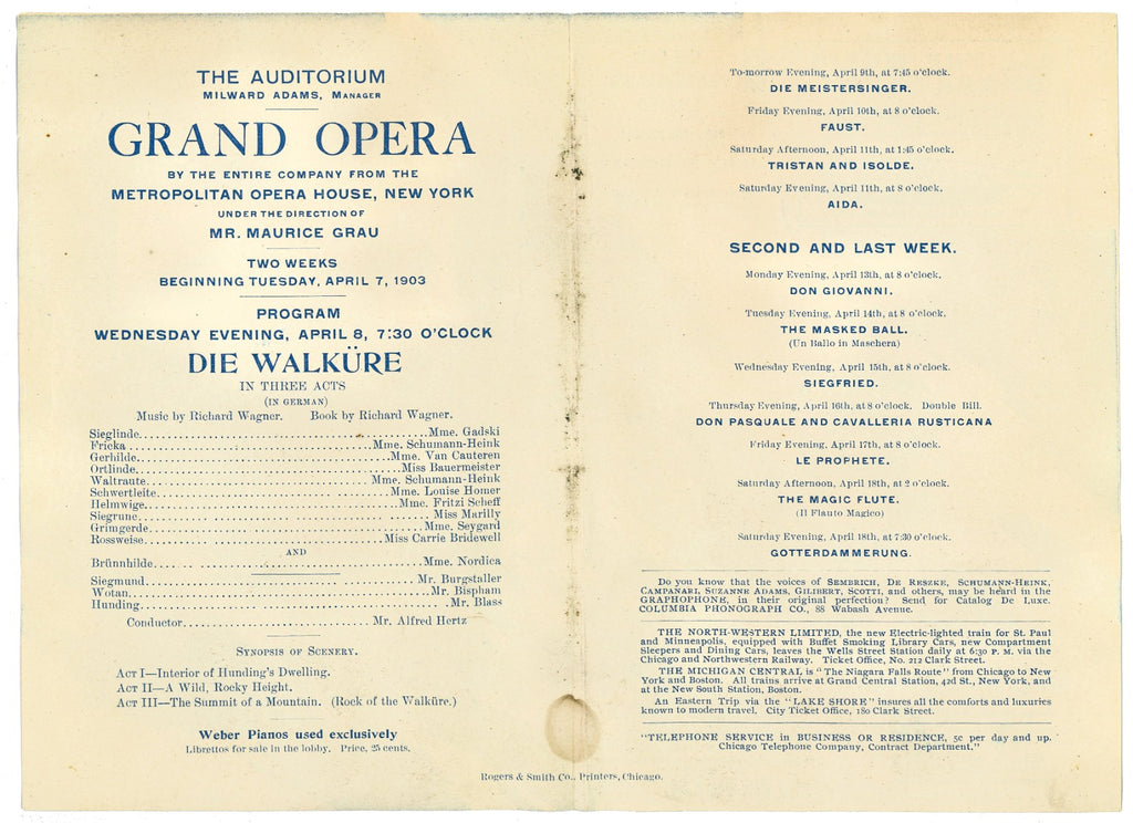 original adler and sullivan auditorium theater 1903 playbill or program featuring richard wagner's die walkure
