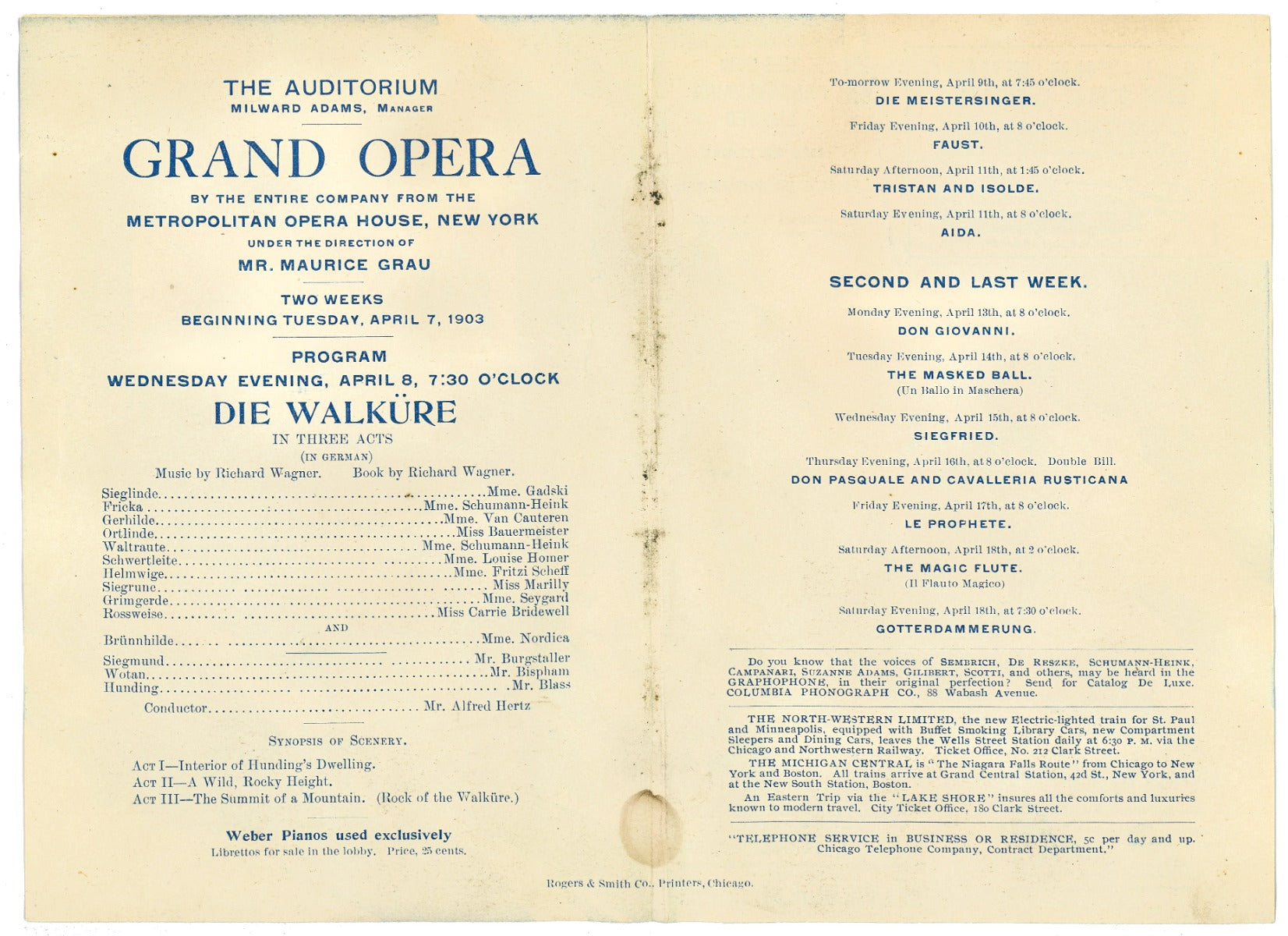 original adler and sullivan auditorium theater 1903 playbill or program featuring richard wagner's die walkure