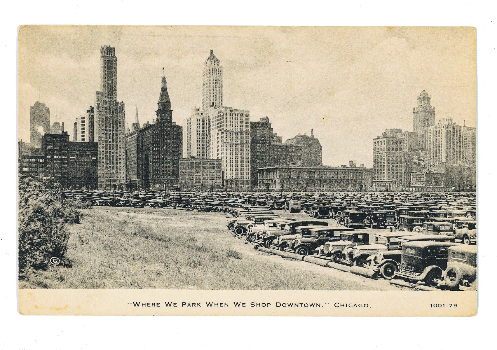 unusual american deppression-era "where we park when we shop downtown" antique chicago postcard