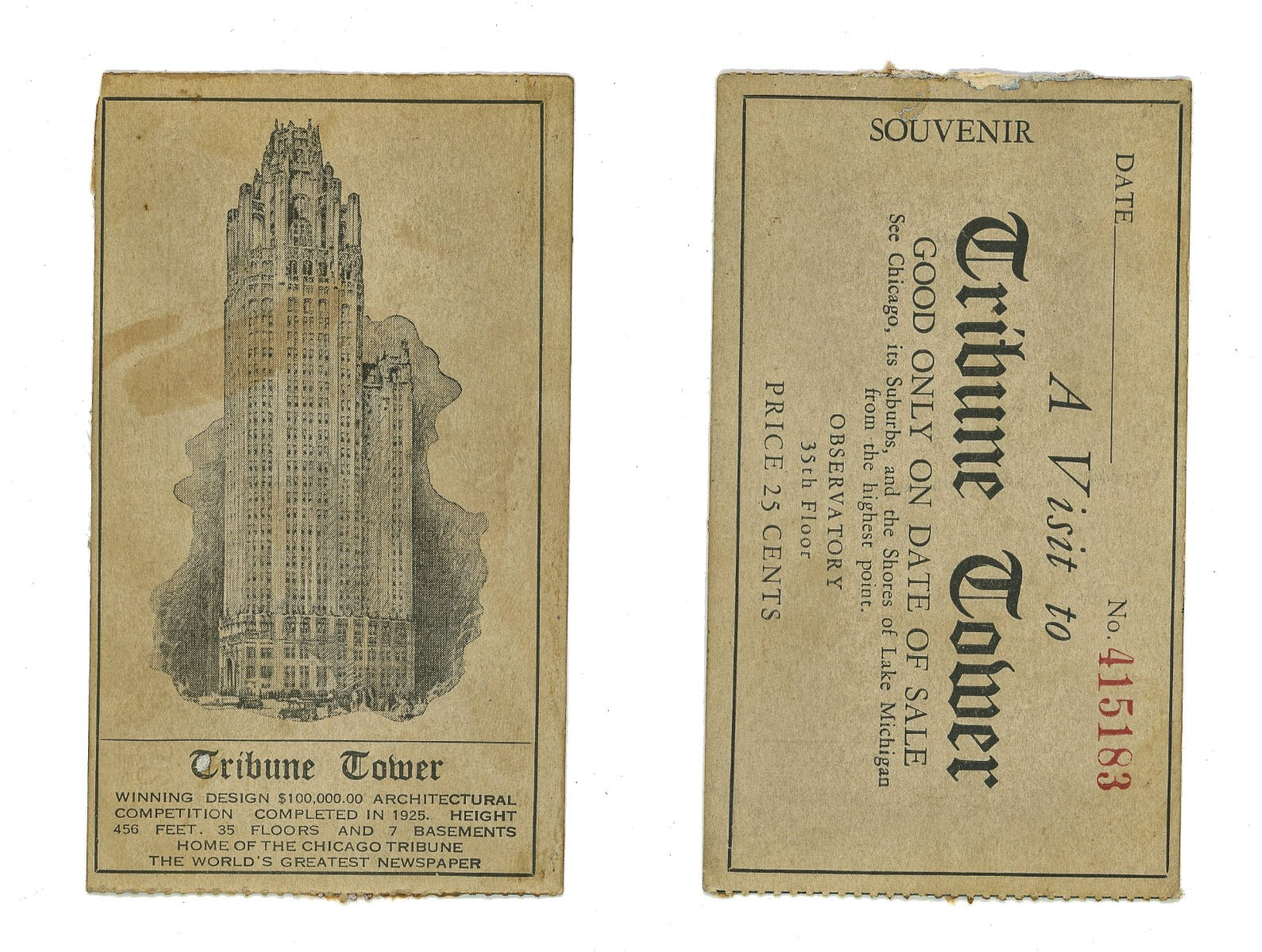 original 1930s hard to find chicago tribune tower observatory ticket stub and illustrated informational card