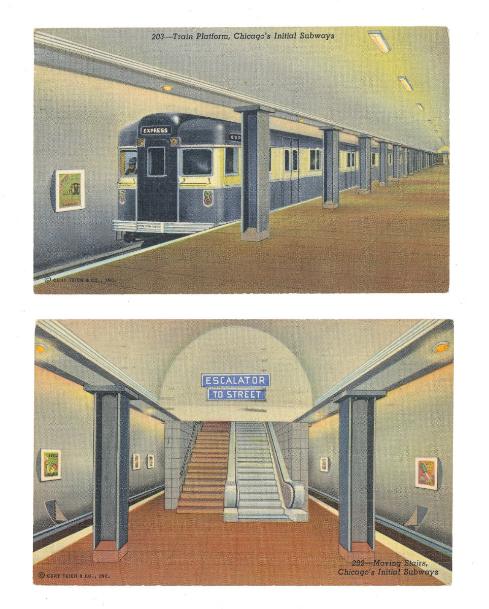 two curt teich 1940-1950 vintage postcards of chicago's subway