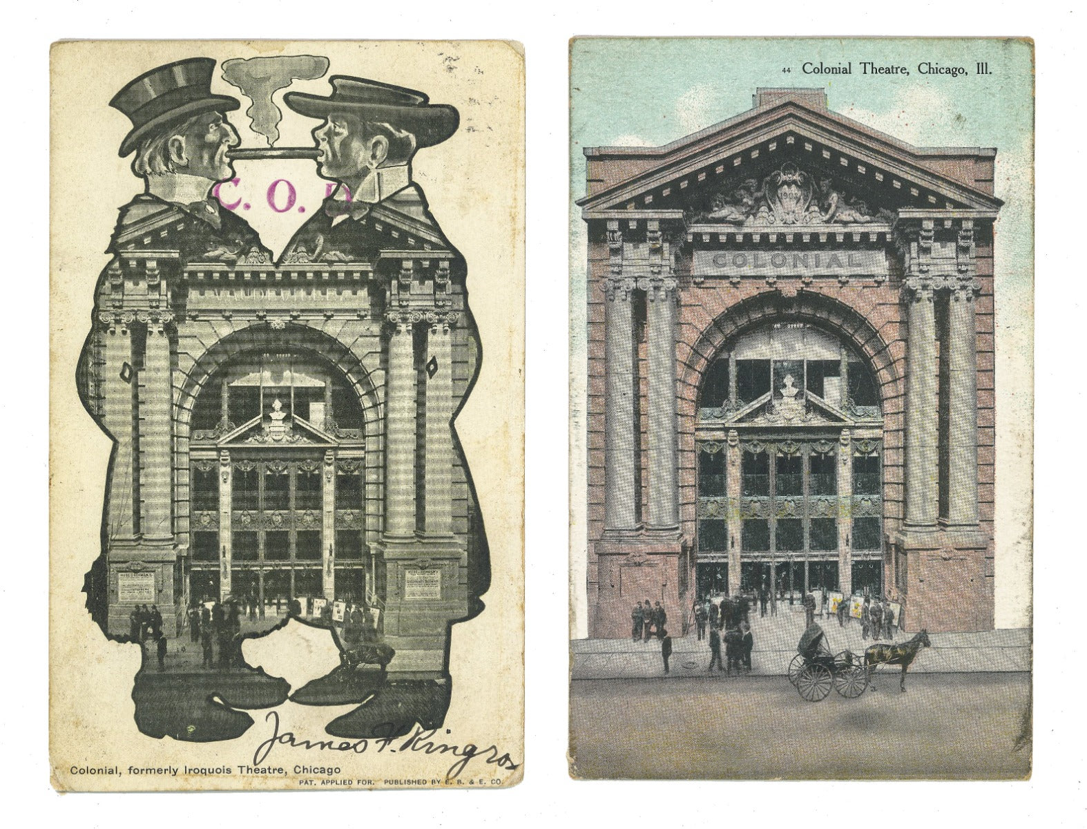 two hard to find original early 20th century postcards of chicago's colonial theater (formerly the iroqoius theater)