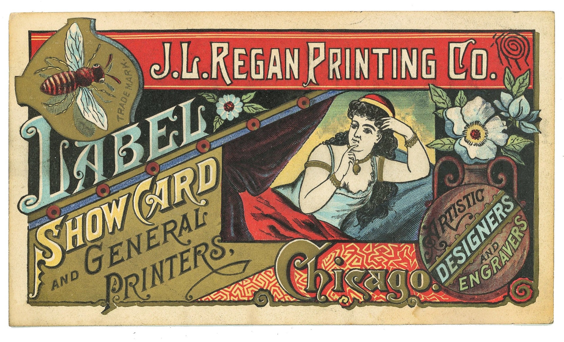 rare late 19th or early 20th century richly colored victorian show card for chicago's j.l. regan printing company