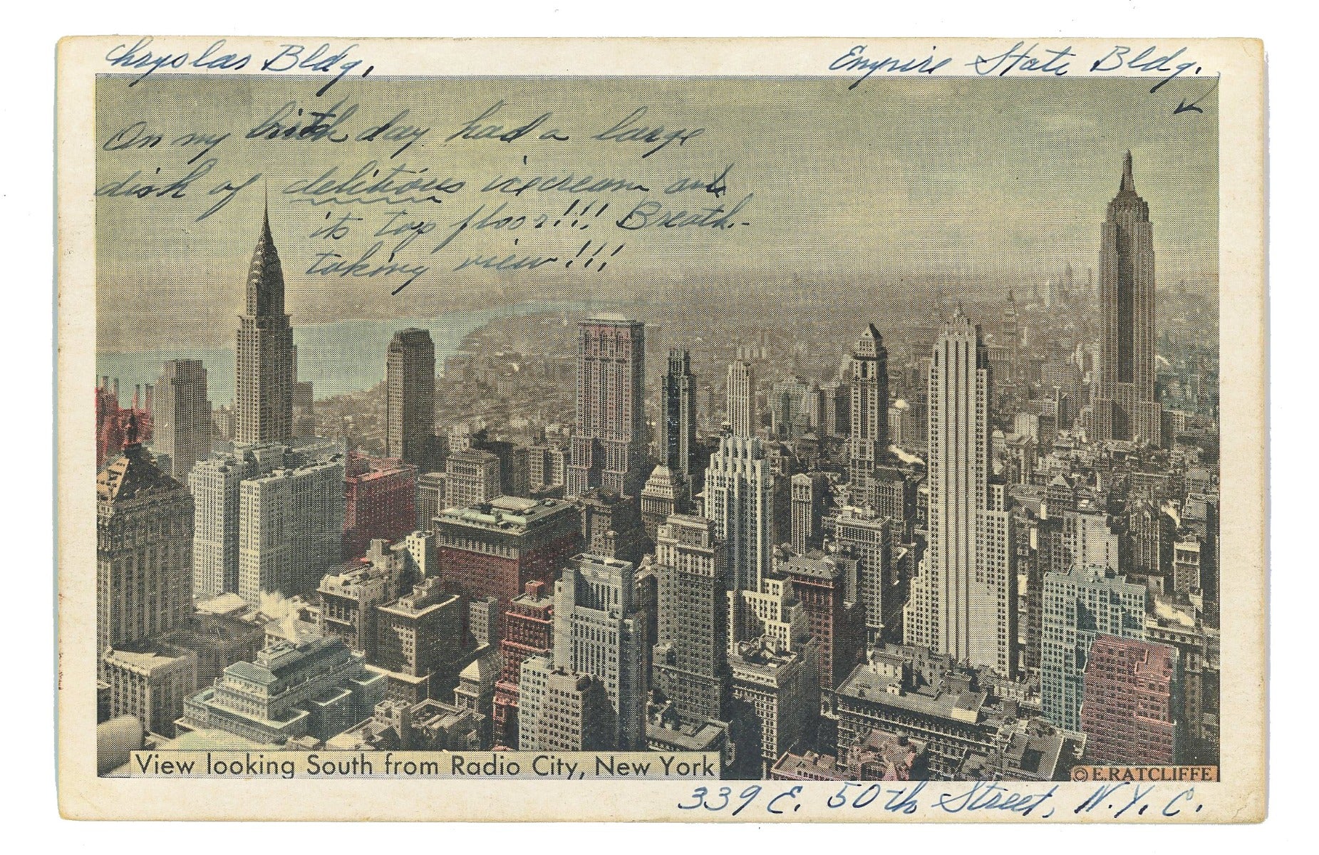 seldom found 1920s antique american new york city skyline postcard with hand-written notes