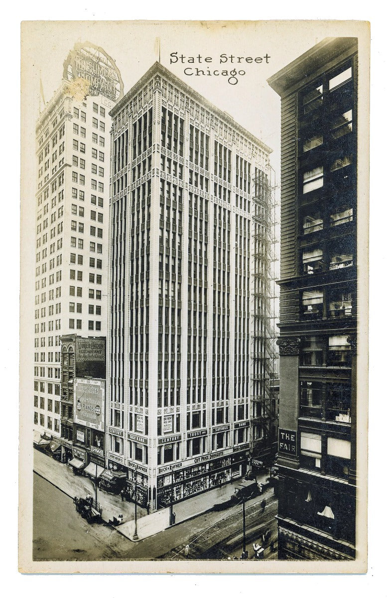 rare early 20th century real photo postcard of chicago's threatened century and consumer skyscraper buildings
