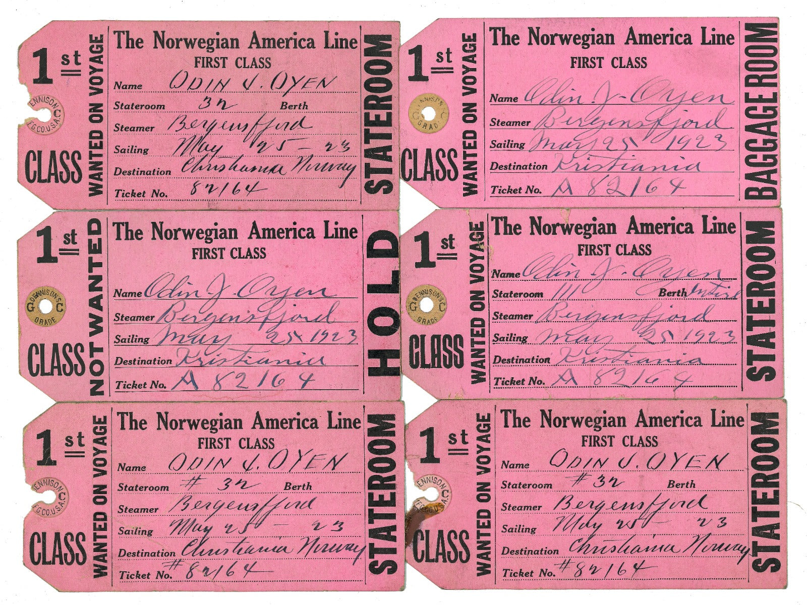group of six 1923 norwegian america line ship baggage claim cards for interior decorator odin j. oyen