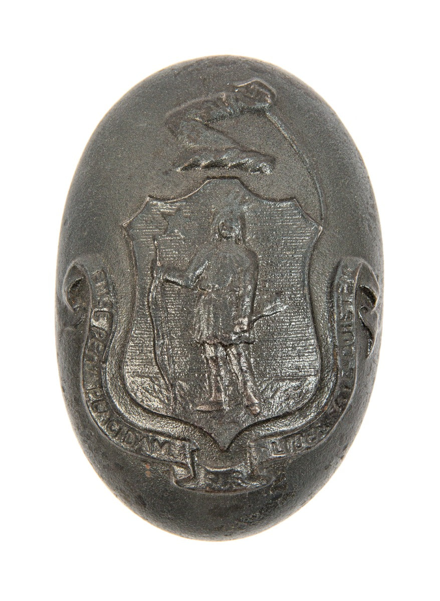 hard to find 19th century ornamental cast iron massachusetts government building doorknob and matching backplate with state seal