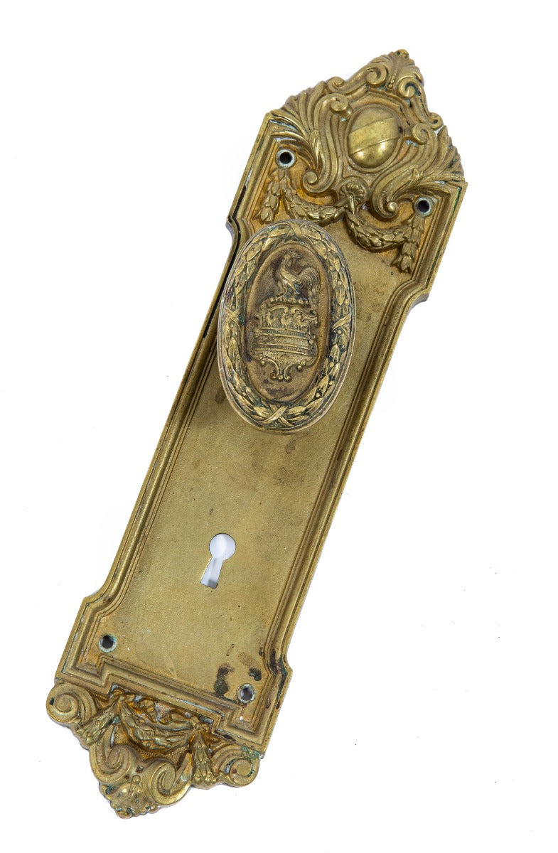 original marshall and fox-designed custom cast brass blackstone hotel guest room doorknob and backplate