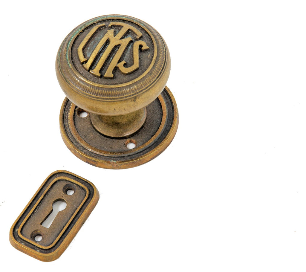original 1920s custom-designed salvaged chicago logan square masonic temple monogrammed door hardware