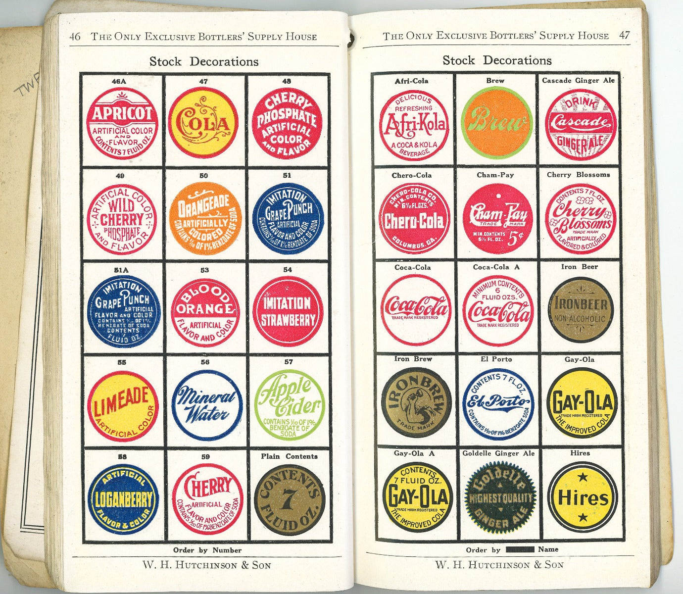 rare c. 1920 wiliam h. hutchinson pocket book soda water supply catalog and price list featuring colored plain and decorated bottle caps