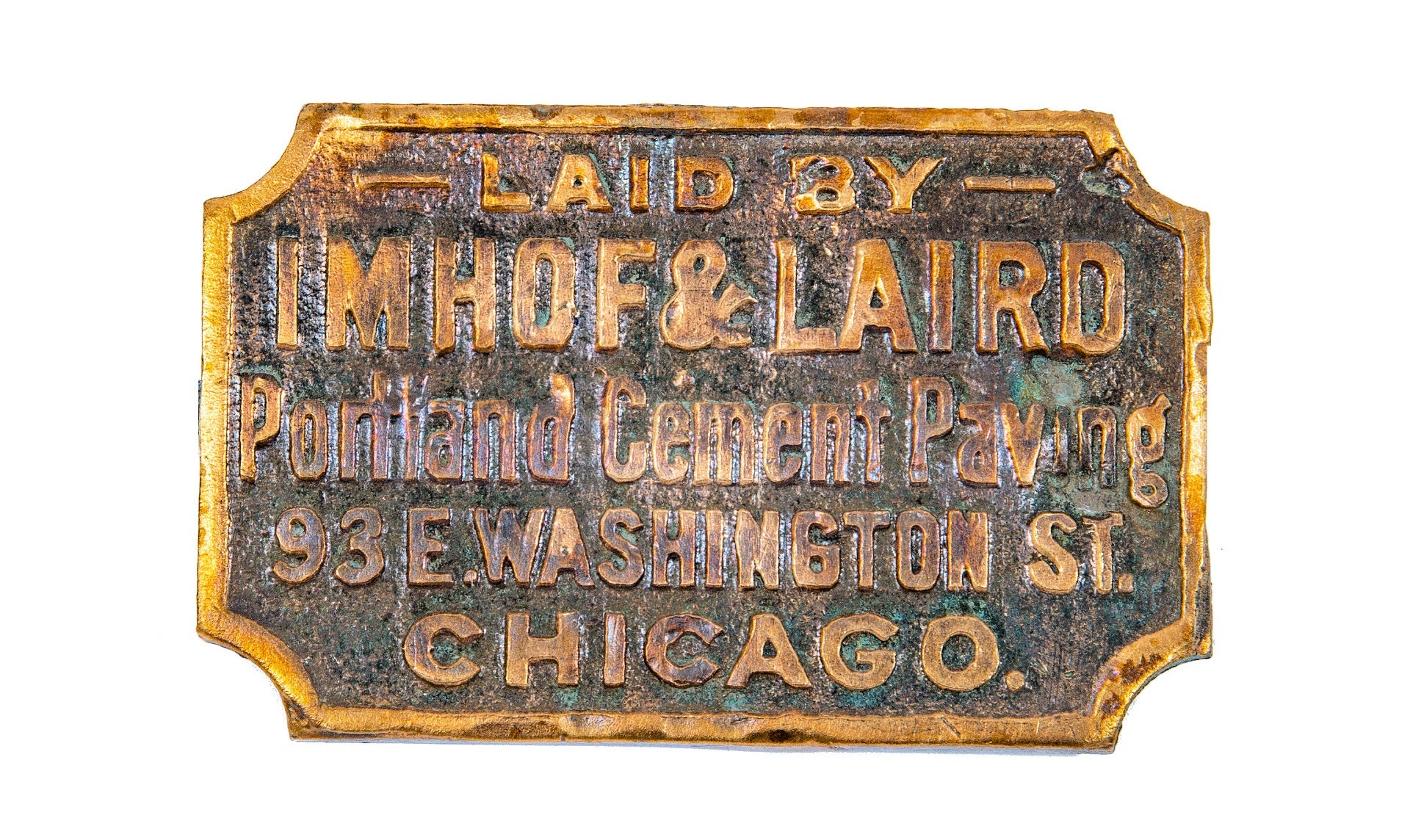 rare late 19th or early 20th century cast bronze salvaged chicago imhof and laird portland cement sidewalk plaque or marker