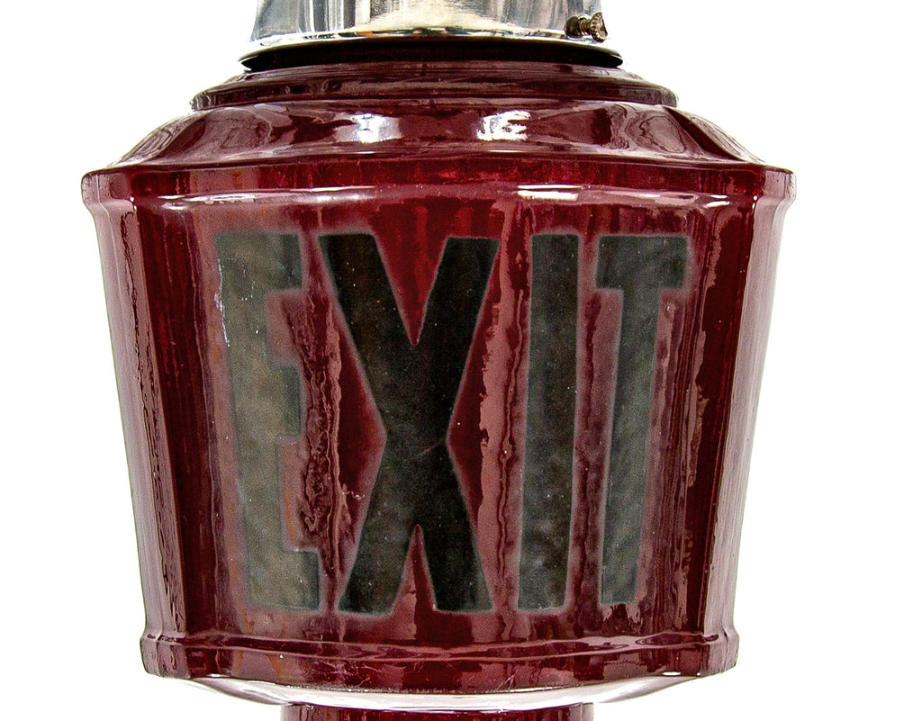 stunning all original 1930s american depression-era art deco style three-sided ruby red glass exit globe with chrome fitter